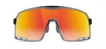 Clear grey wraparound frames with red sunset lens