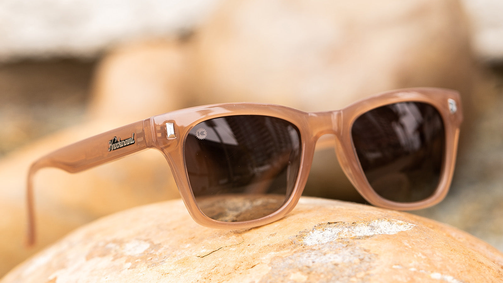 Sunglasses with Rose Latte Frames and Polarized Amber Gradient Lenses, Flyover