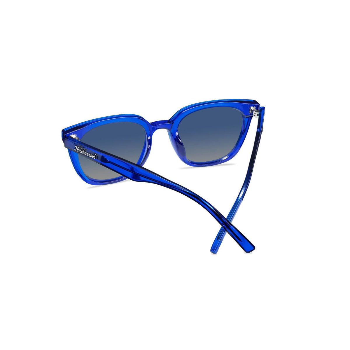 Sunglasses with a blue frame with polarized blue lenses, back