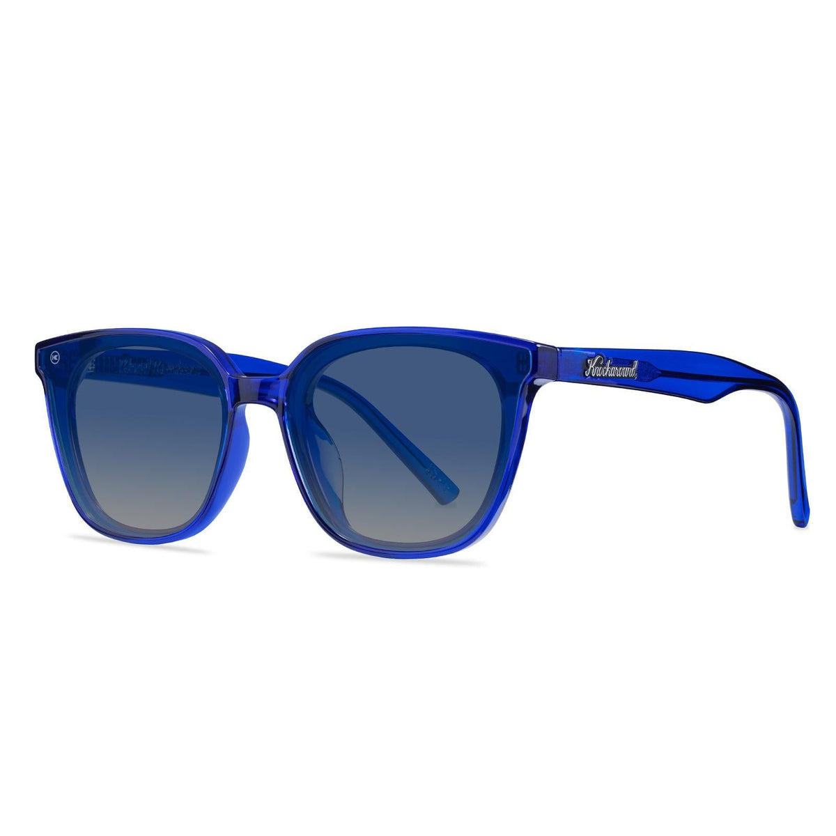 Sunglasses with a blue frame with polarized blue lenses, threequarter