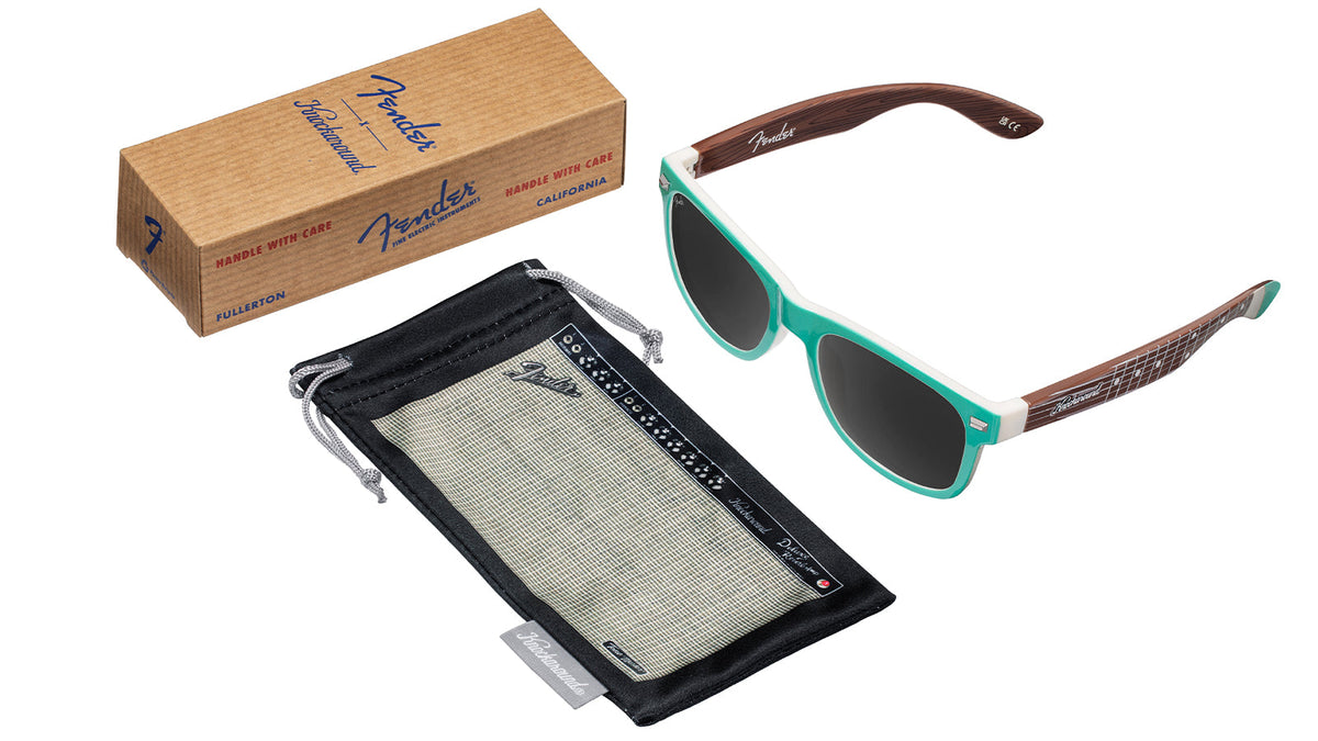 Knockaround and Fender® Surf Green Stratocaster™ Fort Knocks Sunglasses with polarized grey lenses, set