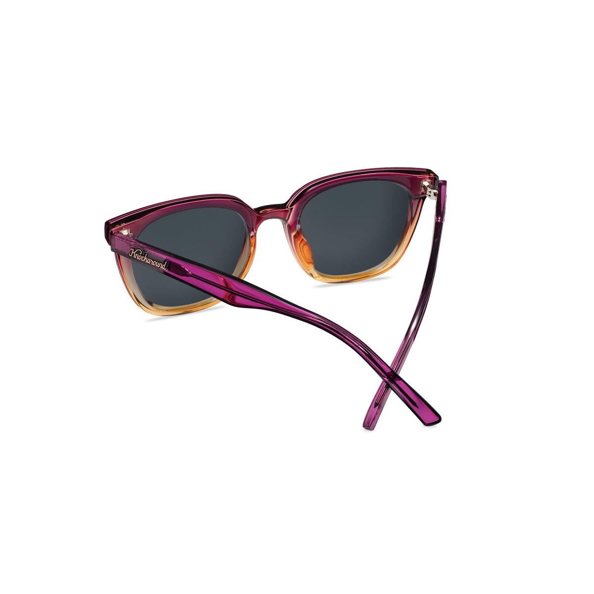 Sunglasses with purple frame with polarized pink lenses, back