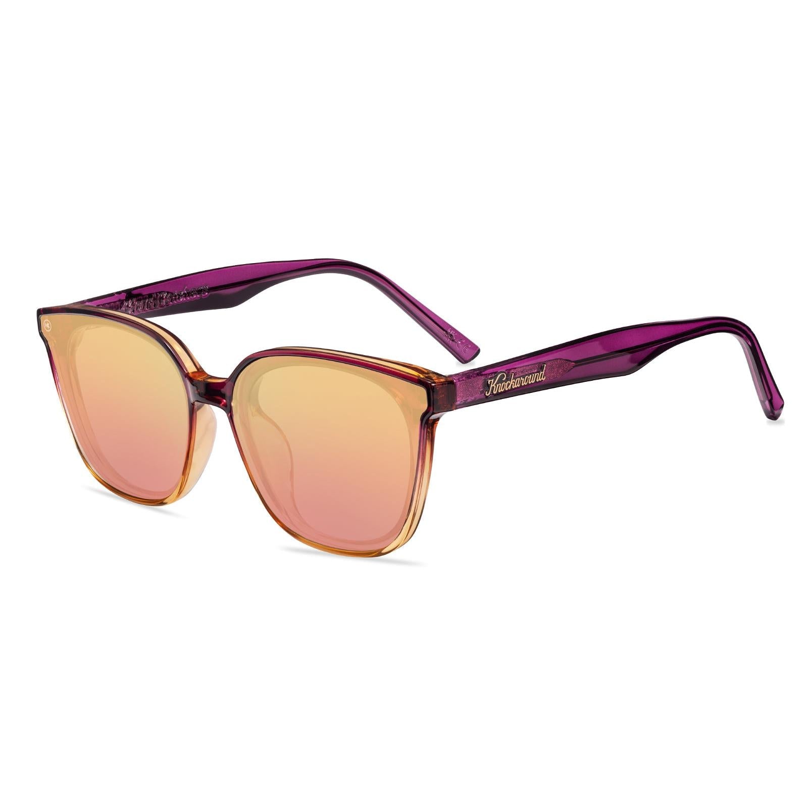 Sunglasses with purple frame with polarized pink lenses, flyover