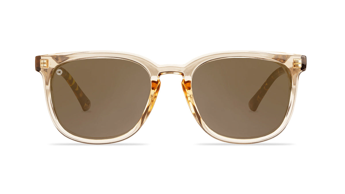 Sunglasses with Glossy translucent amber fronts Matte tortoise shell arms Polarized amber lenses