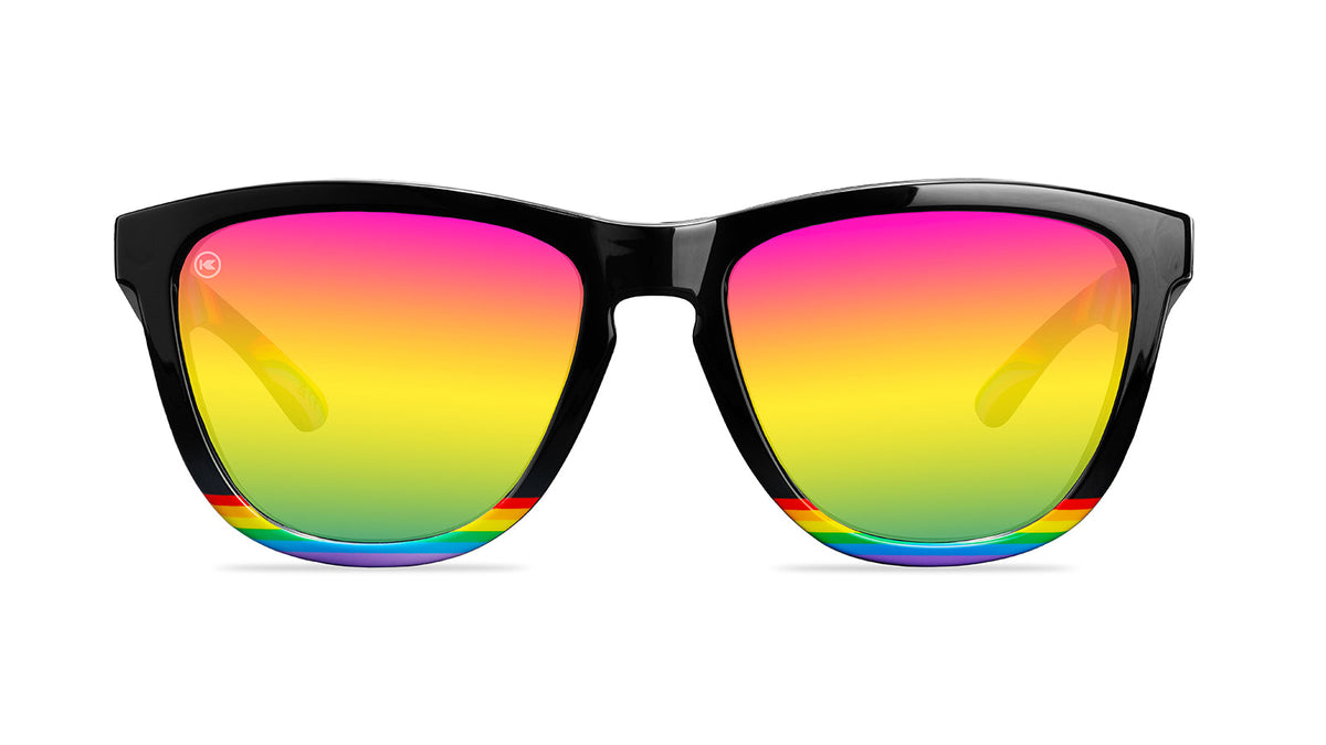 Sunglasses with Glossy black fronts with rainbow accent at bottom, Progress Pride color swirl across arms Silver K-logos Polarized rainbow lenses