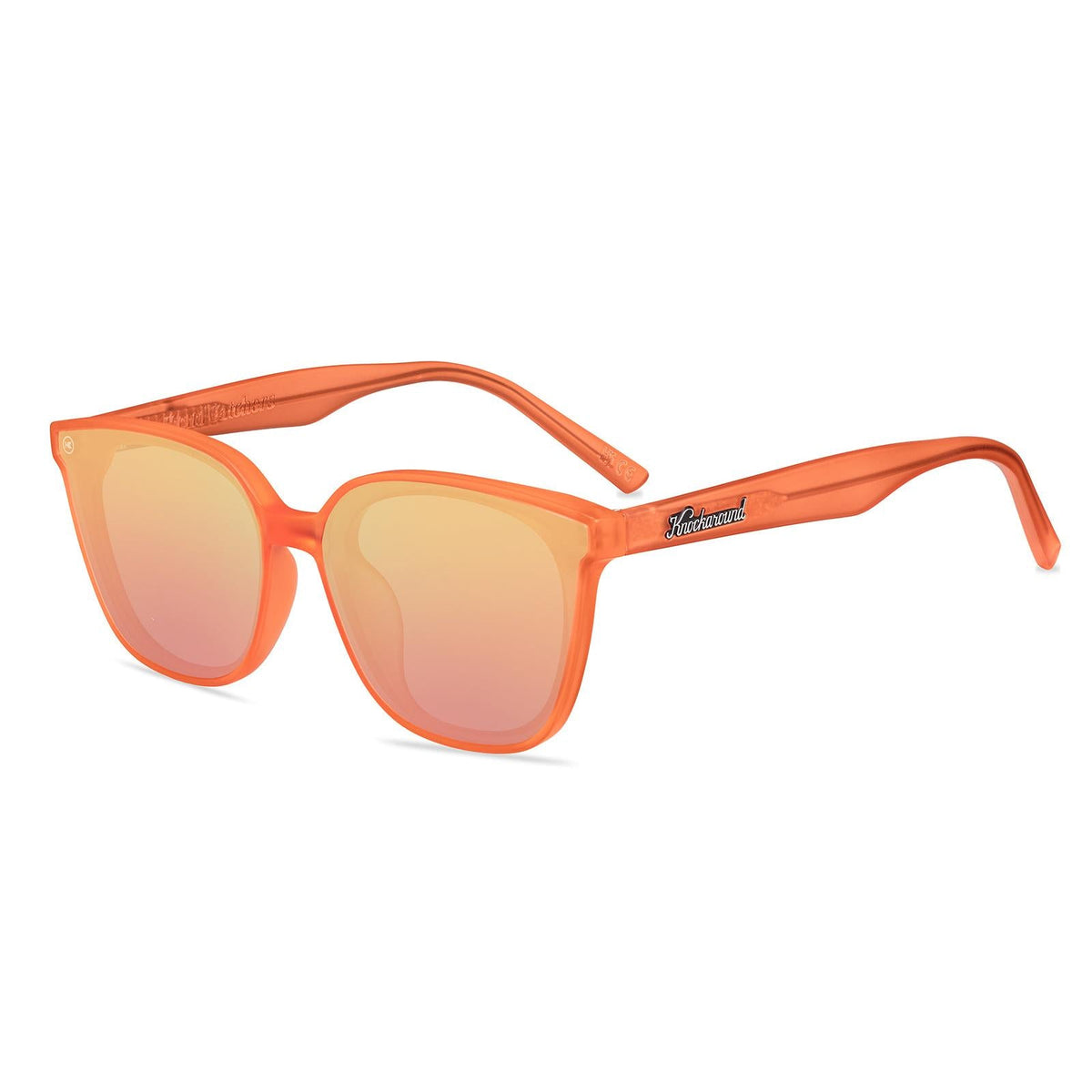 Sunglasses with an orange frame with polarized orange lenses, flyover