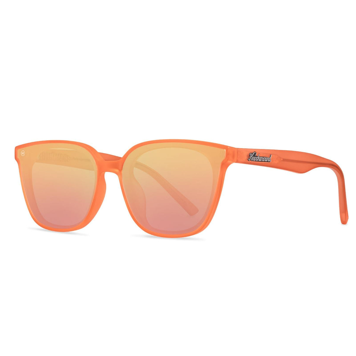 Sunglasses with an orange frame with polarized orange lenses, threequarter