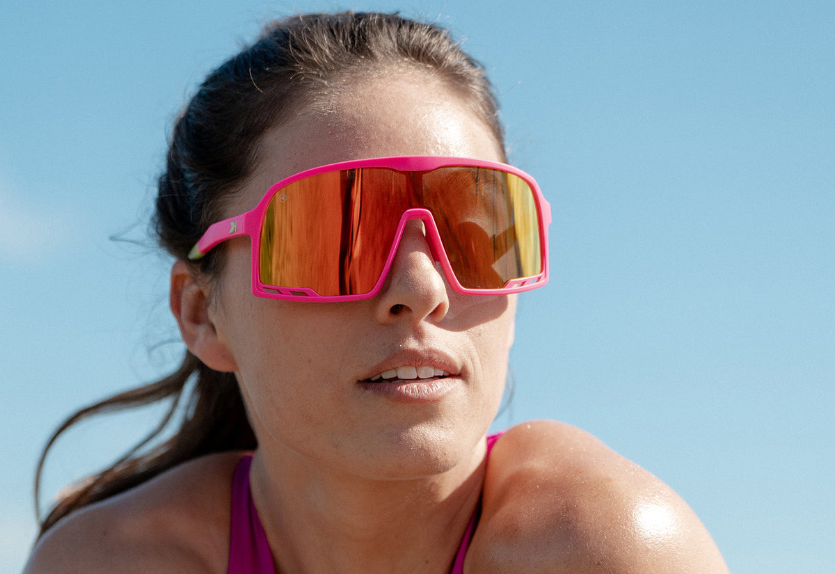 Sunglasses with Hot Pink Frames and Red Sunset Lenses, Model