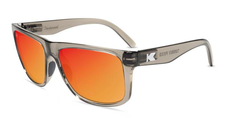 Sunglasses with Clear Grey Frames and Polarized Red Sunset Lenses, Flyover