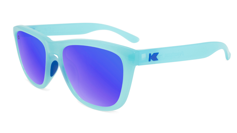 Sunglasses with Icy Blue Frames and Polarized Blue Lenses, Flyover