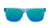 Sunglasses with blue topographic frames and polarized green lenses, flyover