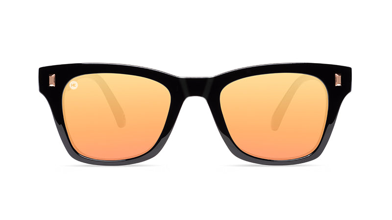 Sunglasses with Clear Black Frames and Polarized Peach Lenses, Flyover