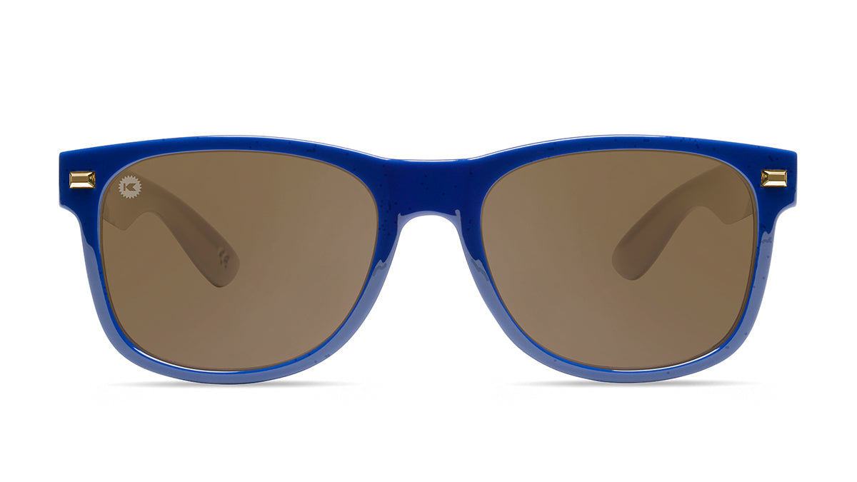 Sunglasses with Glossy Blue Frames and Polarized Amber Lenses, Flyover