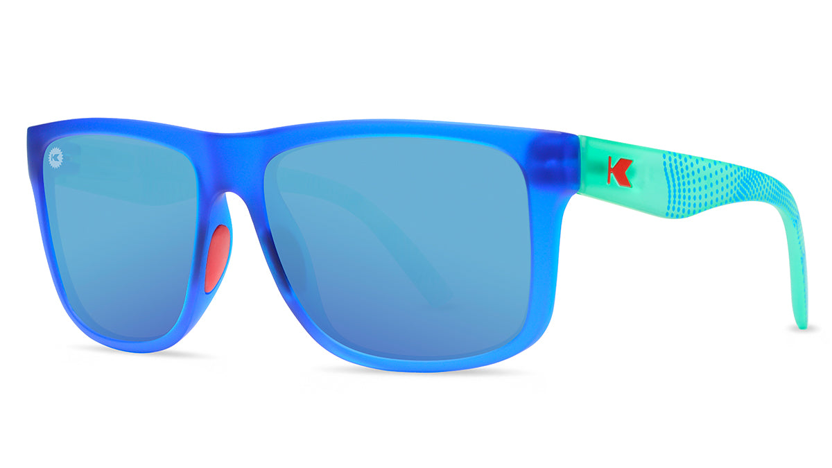 Sport Sunglasses with Blue Fronts and Mine Green Arms and Polarized Aqua Lenses, Threequarter