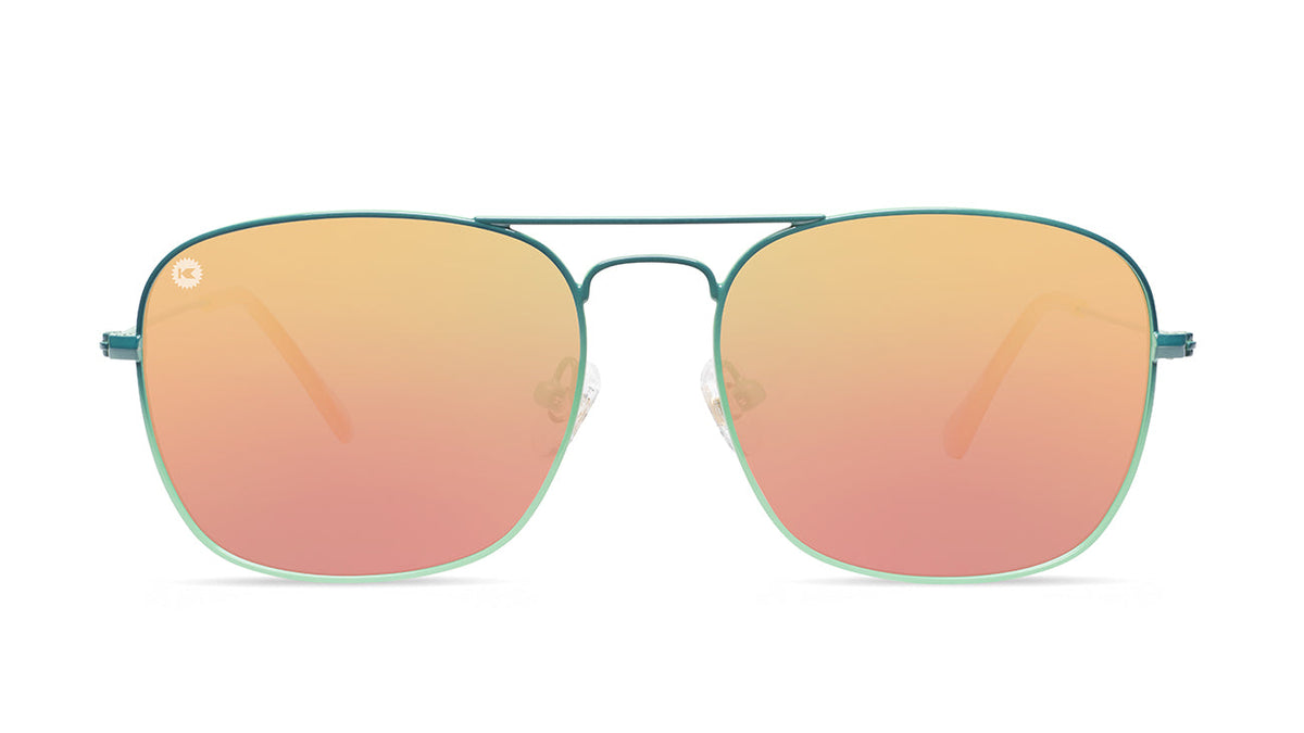 Sunglasses with Green Wire Frames and Polarized Rose Gold Lenses, Front