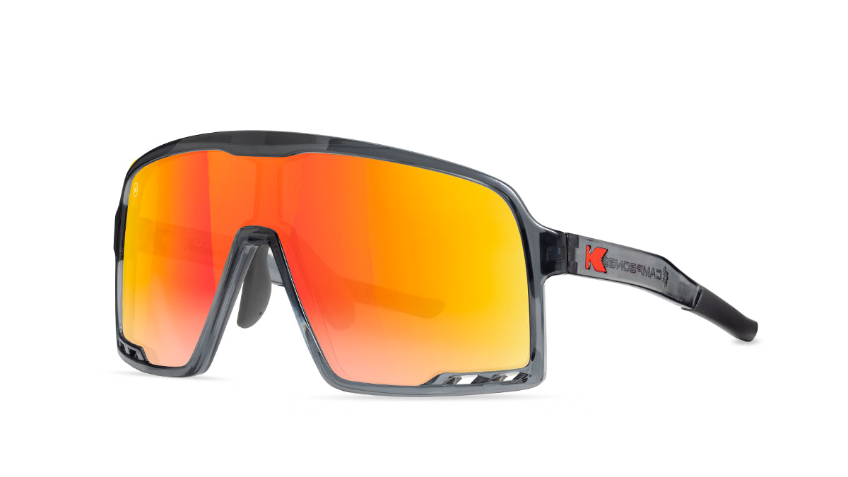 Kids Sport Sunglasses with Clear Grey Frames and Red Sunset Lenses, Threequarter