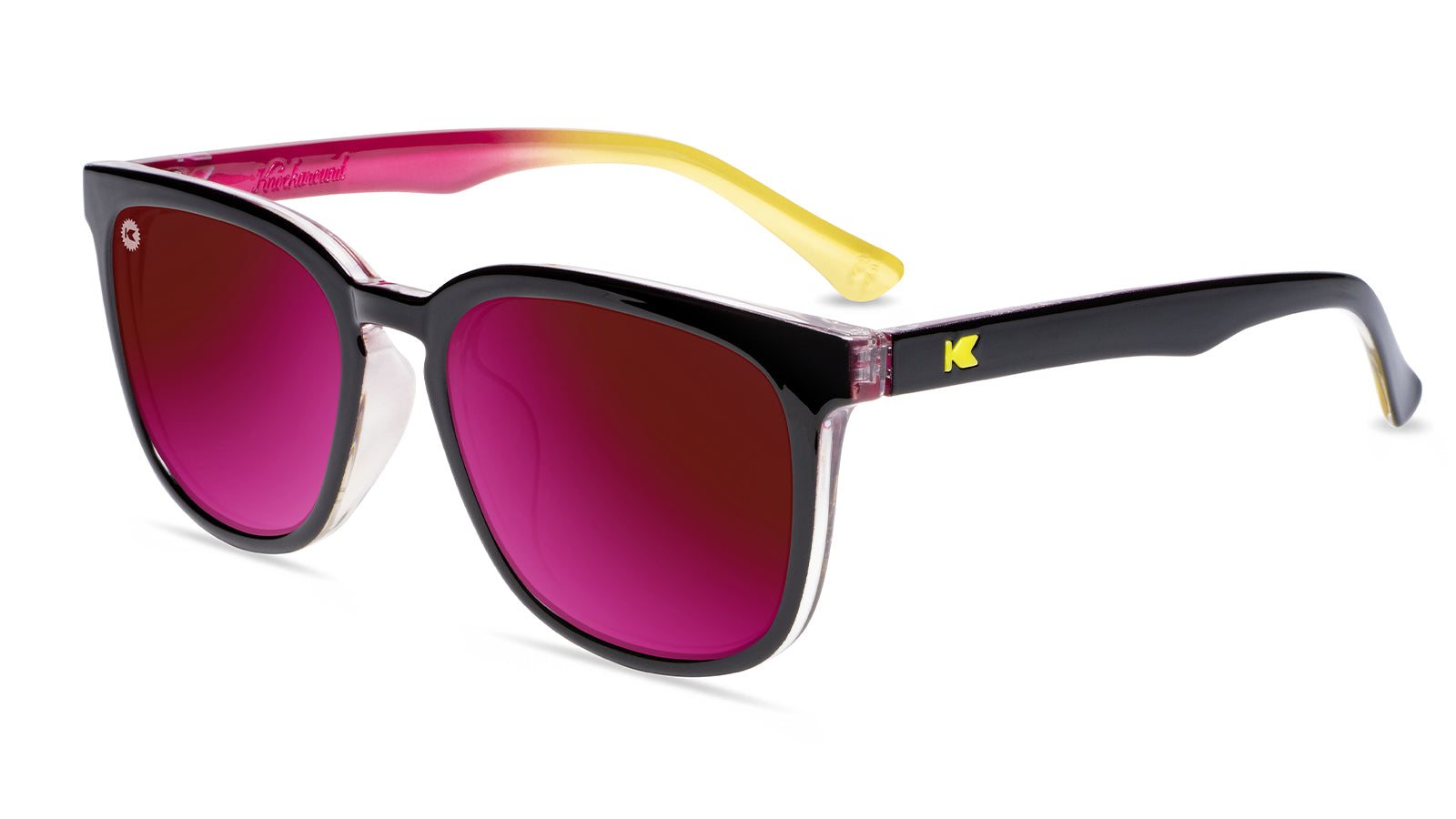 Sunglasses with Black Frame and Polarized Fuchsia Lenses, Flyover