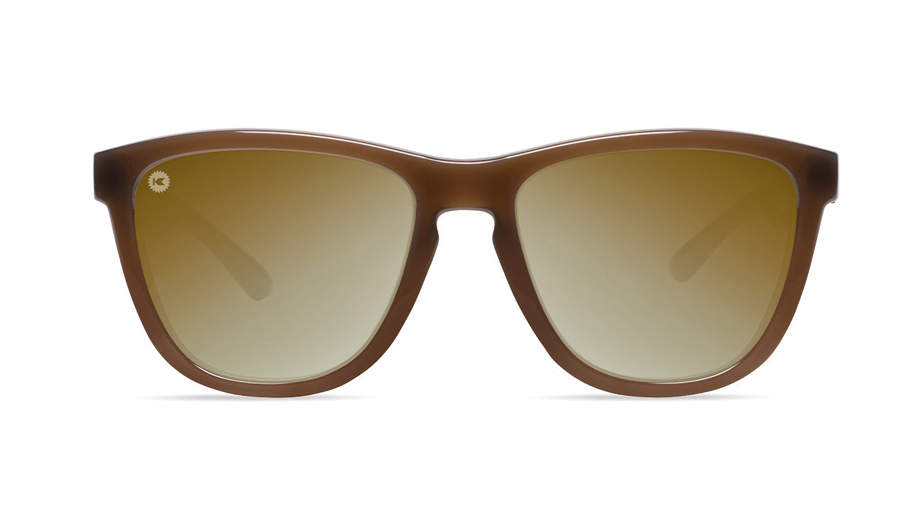 Sunglasses with Glossy Brown Frames and Polarized Gold Lenses, Flyover