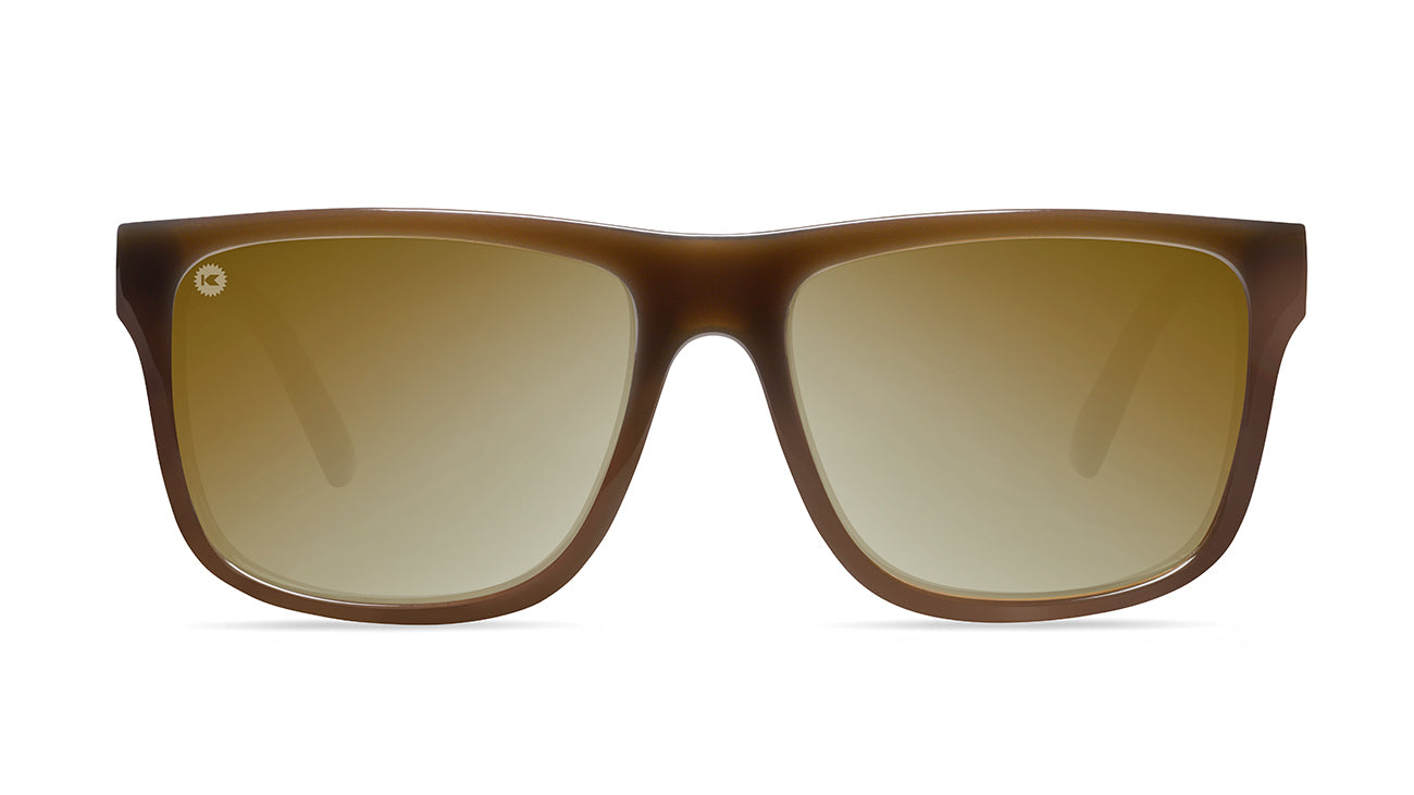 Sunglasses with Glossy Brown Frames and Polarized Gold Lenses, Flyover