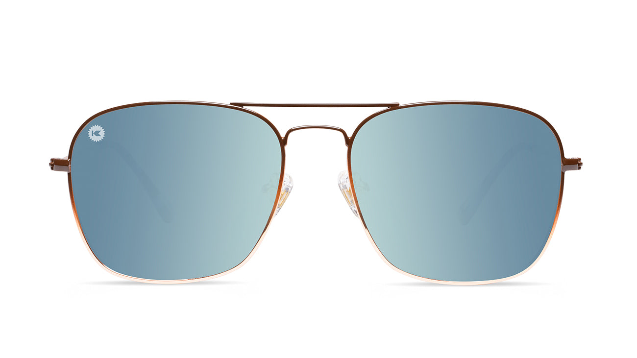 Sunglasses with Brown Metal Frames and Polarized Blue Lenses, Flyover