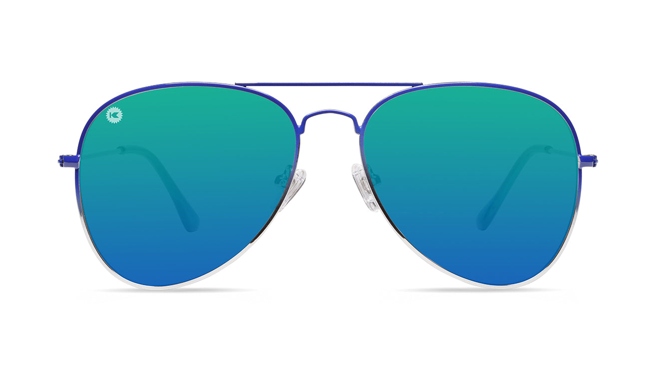 Sunglasses with Blue Metal Frames and Polarized Green Lenses, Flyover
