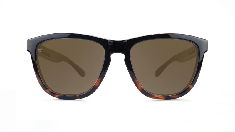 Sunglasses with Glossy Black and Tortoise Shell Frame and Polarized Amber Lenses, Flyover